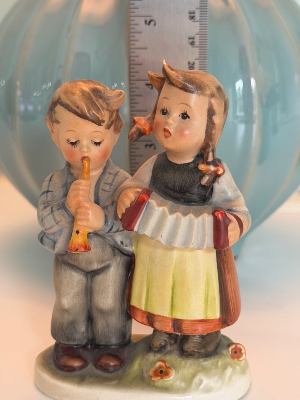 Hummel Two Children Musicians Figurine - Cream, Yellow, Green, Red, Brown, Black
